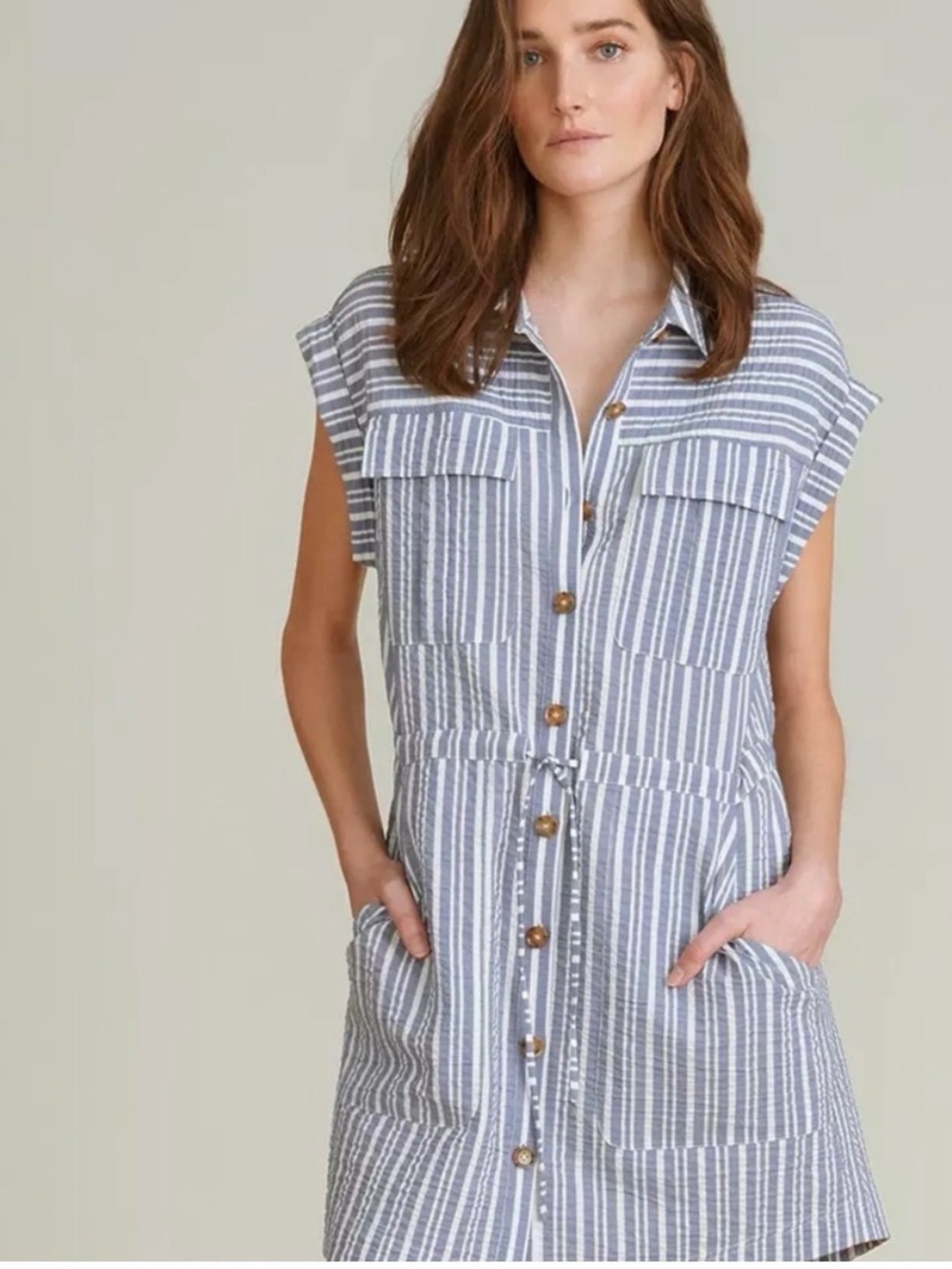 VERONICA BEARD Cris Striped Seersucker Shirt Dress